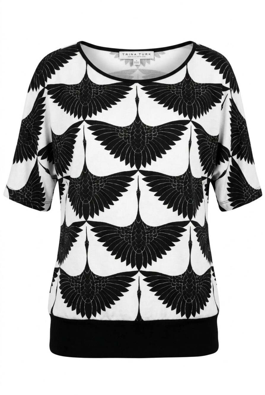 Trina Turk Size 2 Black and White Crane Print Dolman Sleeve Top #479